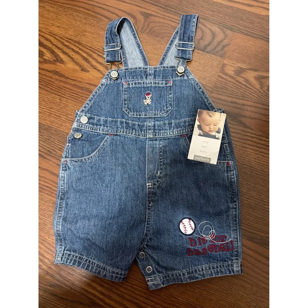 Vintage Carters Baby Denim Baseball Overalls Blue Shortalls Embroidered NWT